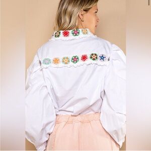 Pol White Collar Top with Crochet/Embroidery